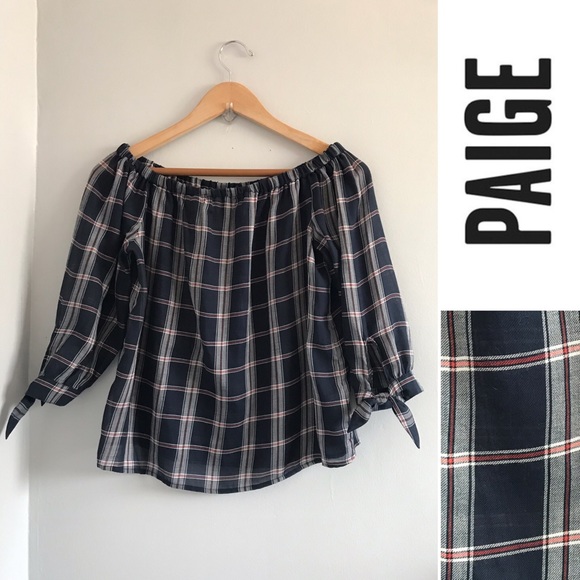Paige Antonia Plaid Off-the-Shoulder Top in Blue • M - Picture 3 of 7